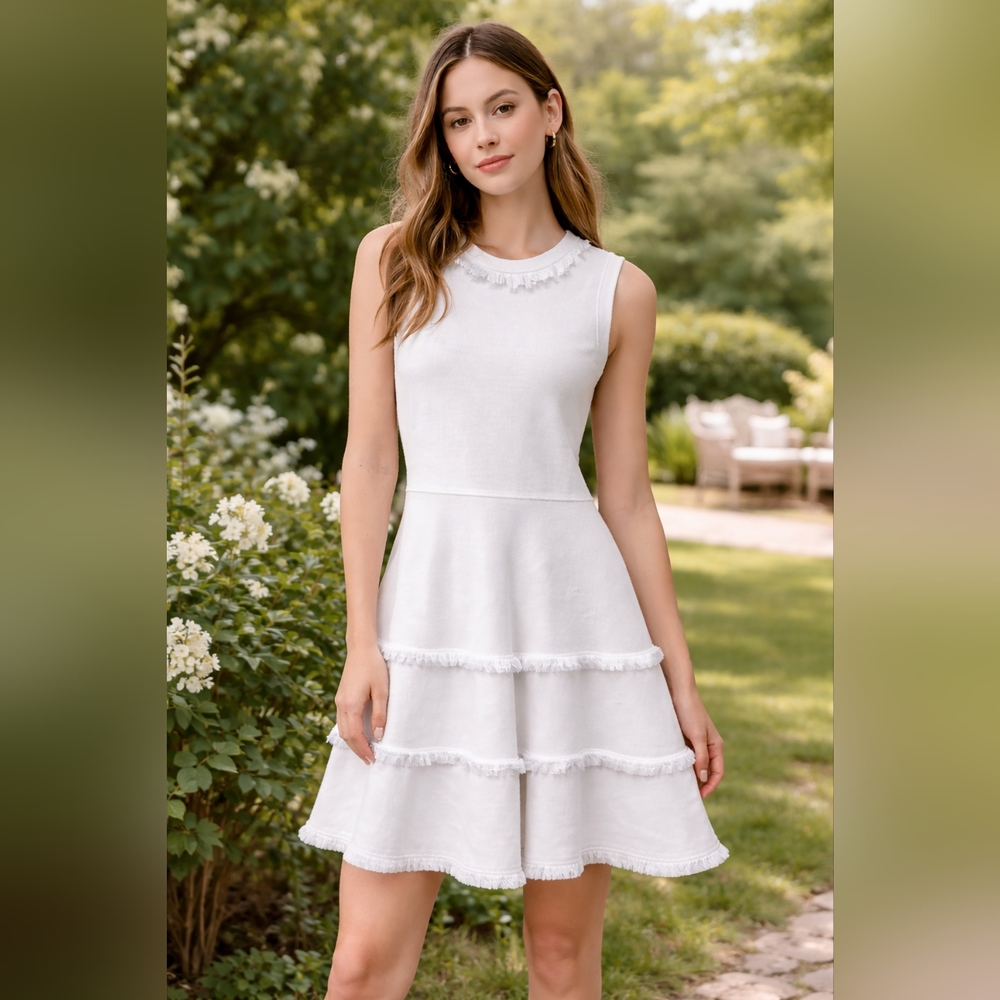 Kate Spade New York Off-White Fringe Trim Tiered Dress XS | NWOT